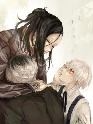  3boys black_hair black_nails black_sclera black_shirt collared_shirt colored_sclera comforting commentary_request dual_persona earrings face_piercing half-closed_eyes hand_tattoo hands_on_another's_shoulder highres jewelry kaneki_ken leaning_forward lip_piercing lip_ring long_hair long_sleeves looking_at_another male_focus multicolored_hair multiple_boys neck_ribbon parted_lips piercing red_eyes ribbon sasaki_haise shirt shishi_(eai_make) short_hair tattoo tokyo_ghoul translation_request two-tone_hair uta_(tokyo_ghoul) white_hair white_shirt 