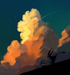  2others clouds commentary_request hollow_knight hollow_knight_(character) horned_mask horns knight_(hollow_knight) looking_at_another mask milktea25424633 multiple_others outdoors shade star_(sky) sunset white_eyes 