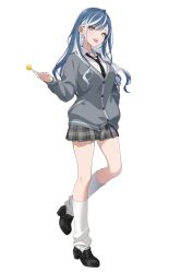  1girl animal_ears black_necktie black_shoes blue_hair candy cardigan collared_shirt colored_inner_hair d4dj food full_body grey_cardigan grey_skirt hand_in_pocket holding holding_candy holding_food holding_lollipop kneehighs loafers lollipop long_hair long_sleeves loose_socks multicolored_hair necktie official_art open_mouth piercing plaid_clothes plaid_skirt pleated_skirt school_uniform shirt shoes simple_background skirt socks solo streaked_hair tachi-e tanimachi_jiu tongue_piercing transparent_background two-tone_hair white_shirt white_socks 
