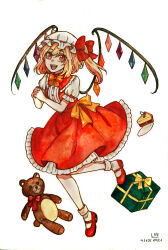  1girl adapted_costume blonde_hair bow bowtie box commentary crystal crystal_wings dated english_commentary flandre_scarlet food food_request frilled_skirt frills full_body gift gift_box hat highres interlocked_fingers lliyanp looking_at_viewer mary_janes mob_cap multicolored_wings one_side_up open_clothes open_mouth open_vest own_hands_together puffy_short_sleeves puffy_sleeves red_bow red_bowtie red_eyes red_shoes red_skirt red_vest shirt shoes short_sleeves signature skirt skirt_set smile socks solo stuffed_animal stuffed_toy teddy_bear touhou vest white_hat white_shirt white_socks wings yellow_bow yellow_bowtie 