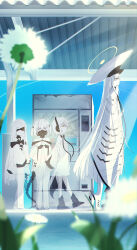  4girls absurdres black_mask blindfold blue_archive blue_sky blurry blurry_foreground chestnutj37 colored_skin commentary_request covered_eyes daisy_(flower) day dress ein_(blue_archive) flower halo hat highres large_hat long_hair malkuth_(blue_archive) mask mechanical_tail multiple_girls ohr_(blue_archive) outdoors respirator segmented_tail short_hair sky sof_(blue_archive) spoilers standing sunlight tail train_station_platform triplets vending_machine very_long_hair white_dress white_hair white_skin yellow_eyes yellow_halo 