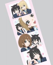  5girls ? akiyama_mio animal_ears animal_hands animal_print black_eyes black_hair blonde_hair blue_bow blue_eyes blue_jacket blush blush_stickers bow brown_eyes brown_hair cat_ears cat_paws cat_print cat_tail commentary_request embarrassed group_picture hair_ornament hairpin heart heart_hands highres hirasawa_yui jacket k-on! korean_commentary kotobuki_tsumugi long_hair looking_at_viewer looking_to_the_side multiple_girls nakano_azusa open_mouth picture_frame red_bow sakuragaoka_high_school_uniform school_uniform shirt short_hair smile speech_bubble sticker tail tainaka_ritsu toganeki twintails v white_shirt 
