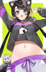  2girls absurdres ahoge amesui animal_collar animal_ear_fluff animal_ears aqua_eyes arm_up black_collar black_hair black_hoodie blush breasts cat_ears cat_girl cat_tail collar commentary_request cosplay cropped_hoodie food food_print hair_between_eyes highres hololive hood hood_down hoodie long_sleeves looking_at_viewer lying medium_breasts midriff multiple_girls navel nekomata_okayu nekomata_okayu_(1st_costume) nekomata_okayu_(cosplay) on_back onigiri onigiri_print oozora_subaru open_mouth pants purple_hair shirt short_hair simple_background smile solo stomach tail violet_eyes virtual_youtuber white_pants yellow_background 
