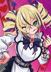  1girl absurdres blonde_hair breasts chocolate chocolate_on_face commentary_request digimon digimon_card_game digimon_liberator dress drill_hair food food_on_face highres multicolored_hair purple_background purple_hair solo streaked_hair tai_(cheungsk1213) twin_drills twintails two-tone_hair violet_inboots white_dress 