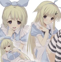  3girls alice_(black_souls) apron black_bow black_bowtie black_souls black_souls_2 blonde_hair blue_dress bow bow_hairband bowtie collared_dress commentary daughter_alice_(black_souls) dress hair_bow hairband long_hair mother_alice_(black_souls) multiple_girls numata_eki puffy_short_sleeves puffy_sleeves short_hair short_sleeves simple_background sister_alice_(black_souls) sketch smile striped_clothes striped_thighhighs thigh-highs white_apron white_background 