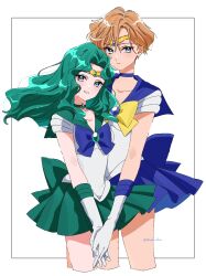  2girls bishoujo_senshi_sailor_moon blonde_hair blue_bow blue_eyes blue_sailor_collar blue_skirt bow circlet commentary gloves green_hair green_sailor_collar green_skirt highres kaiou_michiru multiple_girls sailor_collar sailor_neptune sailor_senshi_uniform sailor_uranus shirako_love skirt ten'ou_haruka white_gloves yellow_bow 