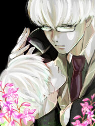  2boys black-framed_eyewear black_background black_jacket blood blood_on_face character_request closed_mouth collared_shirt commentary_request expressionless flower glasses hair_between_eyes hand_up highres jacket kaneki_ken looking_at_another looking_up male_focus multiple_boys necktie pink_flower purple_necktie shirt shishi_(eai_make) short_hair tokyo_ghoul white_hair 