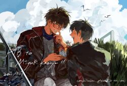  2boys ace_of_diamond baseball_uniform birthday_cake black-framed_eyewear black_hair blush brown_hair cake closed_eyes clouds commentary_request commission dated food glasses happy_birthday highres holding holding_cake holding_food jacket looking_at_another male_focus miyuki_kazuya multiple_boys nian_rt open_mouth rectangular_eyewear sawamura_eijun short_hair sitting sitting_on_stairs sky smile sportswear stairs 