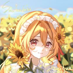  absurdres artist_name blonde_hair blue_sky blurry blurry_background closed_mouth dated day eyelashes flower hafly hair_between_eyes hair_flower hair_intakes hair_ornament headdress highres leaf long_hair looking_at_viewer original outdoors portrait rainbow red_eyes sidelocks sky smile sunflower sunlight white_headdress yellow_flower 