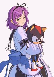  1girl 3amsoda :3 arm_cuffs black_ribbon blue_bow blush bow character_doll closed_mouth commentary cowboy_shot crossover doll dress eiyuu_densetsu frilled_dress frills from_side grey_background hair_ribbon half-closed_eyes highres holding holding_doll large_bow lolita_fashion looking_at_viewer parted_bangs purple_hair renne_(eiyuu_densetsu) ribbon shadow_the_hedgehog short_hair signature simple_background smirk smug solo sonic_(series) sora_no_kiseki standing white_dress yellow_eyes 