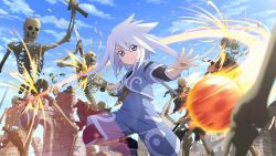  1boy artist_request black_sleeves blue_boots blue_eyes blue_jacket blue_sky boots closed_mouth clouds commentary day english_commentary game_cg genis_sage highres holding holding_weapon jacket kendama looking_at_viewer magic medium_hair official_art outdoors ruins skeleton sky smile solo spiky_hair tales_of_(series) tales_of_crestoria tales_of_symphonia third-party_source undead weapon white_hair white_trim 