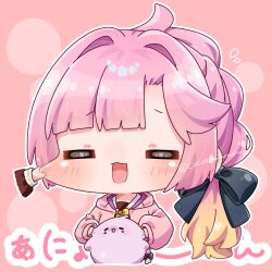  2girls =_= ahoge animalization anyoji_hime anyoji_hime_(seal) black_ribbon blonde_hair blush brown_dress cheek_pinching chibi chibi_only commentary_request disembodied_hand dress fukune_koko gradient_hair hair_ribbon hasu_no_sora_school_uniform highres hood hooded_jacket jacket link!_like!_love_live! long_sleeves love_live! multi-tied_hair multicolored_hair multiple_girls neckerchief open_clothes open_jacket open_mouth outline person_and_animalization pinching pink_background pink_hair pink_jacket ponytail ribbon sailor_collar sailor_dress school_uniform twitter_username virtual_youtuber white_outline white_sailor_collar winter_uniform yellow_neckerchief 