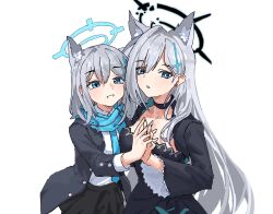  2girls absurdres animal_ear_fluff animal_ears black_choker black_dress black_halo black_jacket black_skirt blue_archive blue_eyes blue_halo blue_necktie blue_scarf breasts broken_halo choker commentary_request cross cross_hair_ornament dress earrings extra_ears grey_hair hair_between_eyes hair_ornament halo haoli_mei_an highres holding_hands interlocked_fingers jacket jewelry large_breasts long_hair long_sleeves looking_at_viewer medium_hair mismatched_pupils multiple_girls necktie open_clothes open_jacket parted_lips pleated_skirt scarf school_uniform selfcest shiroko_(blue_archive) shiroko_terror_(blue_archive) shirt sidelocks simple_background skirt smile very_long_hair white_background white_shirt wide_sleeves wolf_ears 