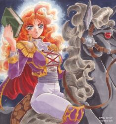  1girl ahoge armor artist_name ascot black_eyes book breasts bridle cropped_jacket cross-laced_jacket epaulettes greaves grey_sash hand_up holding holding_book horse horseback_riding jacket long_hair looking_at_viewer mctcg_yousei_denshou medium_breasts ochi_yoshihiko orange_hair pants parted_lips purple_jacket red_eyes red_jacket reins riding shirt solo tight_clothes tight_pants two-sided_fabric two-sided_jacket wavy_hair white_ascot white_pants white_shirt 