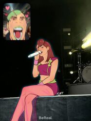  1boy 1girl atalajoestar bow brown_eyes brown_hair crop_top crossed_legs drum drum_set facial_mark fan_screaming_at_madison_beer_(meme) full_body green_hair green_lips hand_up heart higashikata_jobin higashikata_mitsuba highres holding holding_microphone husband_and_wife instrument jojo_no_kimyou_na_bouken jojolion lipstick long_hair long_skirt makeup meme microphone motion_blur navel open_mouth photo_background screaming see-through_clothes see-through_skirt short_hair sitting skirt sleeveless solo_focus teeth yellow_bow 
