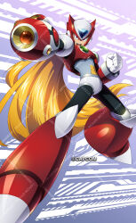  1boy arm_cannon armor blonde_hair chest_jewel commentary_request forehead_jewel full_body helmet highres long_hair male_focus mega_man_(series) mega_man_x1 mega_man_x_(series) mizuno_keisuke official_art purple_background red_armor red_helmet second-party_source solo watermark weapon zero_(mega_man) 