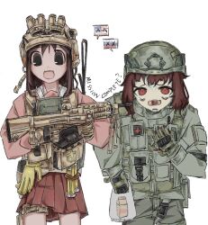  2girls :d american_flag arm_at_side azumanga_daioh azumanga_daioh's_school_uniform bag bags_under_eyes black_eyes brown_eyes brown_gloves brown_hair brown_helmet bulletproof_vest character_request copyright_request cowboy_shot drink_carton english_text frown gloves green_gloves green_helmet green_jacket grey_bag grey_pants gun hair_between_eyes hand_on_own_chest hand_up hands_up helmet highres holding holding_bag holding_gun holding_weapon jacket kasuga_ayumu leaning_forward long_sleeves looking_at_viewer medium_hair milk_carton miniskirt multiple_girls no_pupils open_mouth pants parted_lips pink_shirt pleated_skirt pocket puffy_long_sleeves puffy_sleeves raised_inner_eyebrows red_skirt russian_flag school_uniform shirt short_hair sidelocks simple_background skirt smile standing tangguaqiezi tareme weapon white_background 