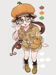  1girl :3 belt black_socks boots breast_pocket brown-framed_eyewear brown_hair brown_jacket brown_shorts chelsea_childe color_guide dr._stone food fruit full_body glasses green_eyes grey_background hand_up hat highres jacket kani_diggy long_hair looking_at_viewer ok_sign open_mouth pocket ponytail pumpkin pumpkin_hat shorts simple_background smile socks solo standing twitter_username uneven_eyes very_long_hair white_belt 