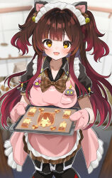  1girl :d absurdres animal_ears apron bell black_shirt blunt_bangs bow bowtie breasts brown_bow brown_bowtie brown_hair check_commentary collared_shirt commentary_request cookie fake_animal_ears food gradient_hair hair_bell hair_intakes hair_ornament highres holding holding_tray hololive long_hair long_sidelocks looking_at_viewer maid_apron maid_headdress mechanical_legs medium_breasts multicolored_hair oven_mitts pink_apron plaid_bow plaid_bowtie plaid_clothes plaid_skirt pleated_skirt red_hair roboco-san roboco-san_(school_uniform) robosaa_(roboco) satobitob shirt short_sleeves sidelocks skirt smile solo tray two_side_up virtual_youtuber 