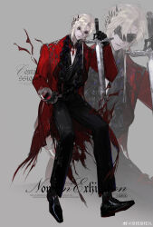  1boy absurdres alcohol asymmetrical_sidelocks black_collar black_gloves black_pants black_shirt black_shoes blindfold_mask blue_pupils body_markings chinese_commentary closed_mouth coat collar commentary_request commission cup curtained_hair dress_pants drinking_glass expressionless fold-over_collar frilled_shirt frills full_body gloves grey_background hair_between_eyes highres holding holding_cup holding_sword holding_weapon invisible_chair lace_collar lapel_pin lapels lizhi_wan long_sleeves looking_ahead male_focus mask mole mole_under_eye notched_lapels open_clothes open_coat original oxfords pants planted planted_sword red_coat red_eyes red_wine shirt shirt_tucked_in shoes short_hair sidelocks simple_background sitting solo spiked_hair_ornament spikes sword third_eye_on_chest torn_clothes torn_coat wallet_chain watermark weapon weibo_watermark white_hair wine wine_glass zoom_layer 