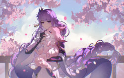  1girl absurdres aqinorz asymmetrical_sleeves blue_pupils blunt_bangs blurry blurry_background braid bridal_gauntlets carrying cherry_blossoms chinese_commentary closed_eyes closed_mouth clouds cloudy_sky commentary_request depth_of_field fox fox_girl genshin_impact hair_ornament highres japanese_clothes kimono light_smile long_braid long_hair looking_at_viewer multicolored_eyes no_mole outdoors purple_hair purple_kimono raiden_shogun second-party_source single_braid sky standing violet_eyes wide_sleeves yae_miko yae_miko_(fox) 