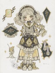  1girl acrylic_paint_(medium) blunt_bangs blush bow brooch choker closed_mouth cocktail cup curly_hair dress drinking_glass expressionless floral_print food frilled_cuffs frilled_shirt_collar frills fruit full_body hair_bow hair_ribbon headband highres instagram_logo instagram_username jewelry karintoun lemon lolita_fashion long_eyelashes long_sleeves looking_at_viewer mask masquerade_mask original painting_(medium) pale_skin petticoat platform_shoes postmark puffy_sleeves ribbon ribbon_shoes shoes signature standing straight-on traditional_media twintails twitter_username twitter_x_logo watercolor_(medium) watermark white_background 