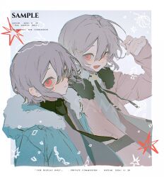  2girls absurdres blue_jacket border closed_mouth commission grey_hair hair_between_eyes hair_ornament highres jacket long_sleeves looking_at_viewer mihuashi_commission multiple_girls open_mouth original pink_jacket red_eyes safety_pin sample_watermark screentones short_hair siblings sidelocks sweater_vest twins upper_body watermark white_border xue_ding_kuangquan 