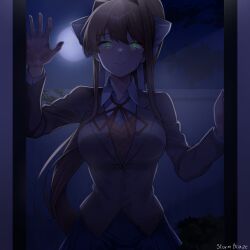  1girl artist_name bow brown_hair closed_mouth commentary doki_doki_literature_club doki_doki_literature_club_school_uniform dress english_commentary full_moon glowing glowing_eyes green_eyes hair_bow highres long_hair looking_at_viewer monika_(doki_doki_literature_club) moon night school_uniform sky solo storm_blaze white_bow white_dress window 