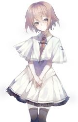  1girl absurdres black_thighhighs capelet collared_shirt cowboy_shot frilled_skirt frills hashtag-only_commentary highres necktie otonashi_ayana pink_hair red_necktie school_uniform shirt short_hair simple_background skirt solo subarashiki_hibi thigh-highs umirukode white_background white_capelet zettai_ryouiki 