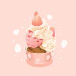  animal bird chai_(drawingchisanne) chocolate commentary cup dessert food food_focus fruit ice_cream looking_at_viewer no_humans original pink_background shadow signature simple_background strawberry whipped_cream 