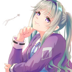  1girl commentary_request green_hair hairband hand_on_own_face head_tilt heaven_burns_red highres looking_at_viewer mole mole_under_mouth murofushi_risa neck_ribbon ribbon school_uniform simple_background violet_eyes yumeclo 