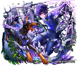  1boy aiming animal belt black_belt black_gloves black_shirt blue_pants blue_vest chain chain_leash clothed_animal clothing_cutout collar collared_shirt commentary_request copyright_notice crystal cuffs dobermann dog energy eye_trail finger_on_trigger glass_shards glint glove_cutout gloves glowing glowing_eyes gun hair_between_eyes handcuffs holding holding_gun holding_leash holding_weapon leash light_trail load_bearing_vest long_sleeves looking_at_viewer male_focus official_art pants parted_lips pink_eyes plant police police_uniform pouch purple_hair rubble ruins saliva serious shirt shoes short_hair shoumetsu_toshi solo spiked_collar spikes sunlight tenryou_sena thigh_pouch v-shaped_eyebrows vest vines walkie-talkie weapon white_background white_shoes 