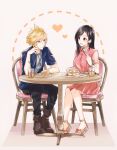  1boy 1girl absurdres black_hair blonde_hair blue_eyes breasts brown_footwear chair cloud_strife couple cup dating dress drink drinking_straw earrings final_fantasy final_fantasy_vii final_fantasy_vii_remake food fork full_body heart highres holding holding_fork jewelry long_hair looking_at_another mizuamememe pants pink_dress red_eyes sandals shirt short_sleeves sitting spiky_hair table tifa_lockhart 