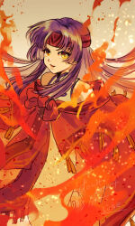  1girl bare_shoulders bow cape commentary_request dress fire fire_emblem fire_emblem:_radiant_dawn headband long_hair looking_at_viewer open_mouth purple_hair pyrokinesis red_bow red_cape red_headband sanaki_kirsch_altina sidelocks simple_background smile solo sumeragi_(black_rose) very_long_hair yellow_eyes 
