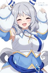  1girl animal_ears bare_shoulders blue_gem blue_sash blush breasts closed_eyes commentary_request detached_sleeves dress ear_covers ekazawa_sdvx facing_viewer gem grey_hair highres hishi_miracle_(miracle_make-up!)_(umamusume) hishi_miracle_(umamusume) horse_ears horse_girl horse_tail long_sleeves medium_breasts medium_hair neck_ribbon open_mouth ribbon sash simple_background smile solo tail umamusume white_dress 