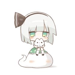 1girl animal_hug black_hairband cat chibi chibi_only commentary commission green_skirt green_vest grey_hair hairband highres hitodama konpaku_youmu konpaku_youmu_(ghost) pixiv_commission pudding_(skymint_028) shirt simple_background sitting skirt skirt_set solo touhou vest white_background white_shirt 