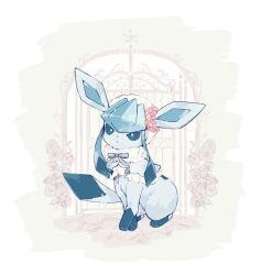  :o blue_bow blue_capelet blue_eyes blue_fur bow capelet colored_skin commentary_request door flower full_body fur-trimmed_capelet fur-trimmed_hood fur_trim glaceon hood hooded_capelet no_humans no_sclera pokemon pokemon_(creature) ribbon roronavoice sitting solo tail 