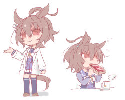  1girl agnes_tachyon_(umamusume) ahoge animal_ears beer_hsk bow bread bread_slice brown_eyes brown_hair brown_shoes chibi closed_mouth commentary_request cup food hair_between_eyes holding holding_food horse_ears horse_girl horse_tail lab_coat long_sleeves mug multiple_views open_clothes open_mouth pleated_skirt puffy_long_sleeves puffy_sleeves purple_shirt purple_skirt purple_thighhighs school_uniform shirt shoes simple_background skirt steam tail teabag thigh-highs toast tracen_school_uniform umamusume white_background white_bow 