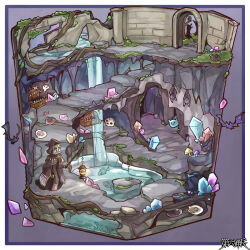  1other animal bat_(animal) border cave_interior chigu cloak commentary_request commission cross-section crystal dairoku_ryouhei diorama fish foliage giving_up_the_ghost holding holding_lantern hood hooded_cloak lantern mimic mimic_chest mushroom musical_note plant_roots ruins silk skull slime_(creature) spider_web water waterfall 