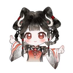  1girl artist_request bird bird_hair_ornament black_dress black_hair blunt_bangs bow-shaped_hair braid braided_hair_rings brown_eyes chinese_clothes closed_mouth collared_dress crane_(animal) cropped_torso double_bun dress earrings eyelashes feather-trimmed_sleeves gold_earrings gold_necklace hair_bun hair_ornament hair_rings hair_tubes happy infinity_nikki jewelry layered_sleeves light_blush long_sleeves looking_at_viewer necklace nikki_(series) official_art outstretched_arm painterly red_tabard short_hair_with_long_locks short_over_long_sleeves short_sleeves sidelocks smile solo song_beyond_(infinity_nikki) sticker_(medium) tabard tareme transparent_background wide_sleeves 