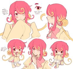  1girl aegyo_sal blonde_hair blush_stickers boots bow bowtie chibi closed_mouth dress english_text from_side highres index_finger_raised long_hair looking_at_viewer mai_(synthesizer_v) one_eye_closed open_mouth pink_bow pink_bowtie pink_skirt red_eyes reference_sheet simple_background single_blush_sticker skirt sleeves_past_fingers sleeves_past_wrists smile synthesizer_v teeth white_background yellow_boots yellow_dress zero_(misamxsa08) 