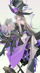  1girl absurdres bird black_dress black_hat boots brown_hair chinese_commentary commentary_request crossed_legs cup detached_sleeves dress flower gradient_background hat hat_flower herta_(honkai:_star_rail) high_heel_boots high_heels highres holding holding_cup honkai:_star_rail honkai_(series) picture_frame purple_flower purple_hat purple_ribbon ribbon simple_background sitting solardark09 solo strapless strapless_dress stuffed_animal stuffed_toy the_herta_(honkai:_star_rail) violet_eyes watermark weibo_username weibo_watermark witch_hat 