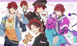  1boy ^_^ amagi_rinne artist_name badge bag bead_necklace beads black_hat black_headband black_jacket black_nails black_shirt blue_bag blue_eyes blue_jacket blue_pants blush button_badge chain chibi closed_eyes clothes_writing collar collared_shirt commentary_request crossed_bangs demon_boy demon_horns demon_tail earphones egoist_(ensemble_stars!) english_text ensemble_stars! fingernails fishnets flambe!_(ensemble_stars!) gold_ring grin hair_between_eyes hand_in_pocket hand_up hat headband holding holding_earphones holding_stuffed_toy horns jacket jewelry lapels lock long_sleeves looking_at_viewer lunapont male_focus multicolored_jacket multiple_views nail_polish necklace notice_lines official_alternate_costume open_clothes open_jacket open_shirt orange_shirt padlock pants parted_lips peaked_cap print_shirt purple_horns purple_jacket purple_ribbon purple_shirt purple_tail red_collar red_hair ribbon ring shirt short_hair short_sleeves single_earphone_removed sleeves_past_wrists smile spiked_collar spikes star_(symbol) stuffed_animal stuffed_toy t-shirt tail teddy_bear teeth torn_clothes torn_pants wallet_chain watermark white_background white_jacket white_shirt wing_collar 