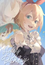  2girls :d black_ribbon blue_background blue_eyes bow bow_hairband brown_hair danroneko detached_collar detached_sleeves green_eyes hair_between_eyes hair_ribbon hairband hand_on_another's_shoulder happy_birthday highres long_sleeves looking_at_viewer maid multiple_girls neck_ribbon open_mouth orange_hair petra_leyte re:zero_kara_hajimeru_isekai_seikatsu red_bow red_hairband red_ribbon ribbon roswaal_mansion_maid_uniform short_hair smile upper_body 