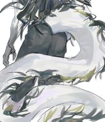  1boy absurdly_long_tail arikais001 arknights black_hair dragon_boy dragon_tail eastern_dragon_tail highres long_hair lower_body male_focus solo standing tail topless_male very_long_hair wang_(arknights) 