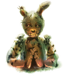  1boy absurdres animal_ears animal_nose commentary_request cropped_torso five_nights_at_freddy's five_nights_at_freddy's_3 highres humanoid_robot interlocked_fingers kawarayane looking_at_viewer own_hands_together rabbit_ears robot simple_background solo springtrap straight-on twitter_username white_background 