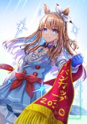  +_+ 1girl absurdres almond_eye_(umamusume) animal_ears bare_shoulders blue_dress blue_eyes blue_gloves blush bow bow_hairband braid braided_sidelocks breasts brown_hair clenched_hand closed_mouth collarbone colored_inner_hair commentary_request dress fingerless_gloves gentiano815 gloves hair_between_eyes hair_ornament hairband hairclip highres horse_ears horse_girl long_hair looking_at_viewer multicolored_hair red_bow red_button small_breasts smile solo sparkle symbol-shaped_pupils umamusume white_hairband x-shaped_pupils 