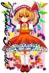  1girl ascot bangs blonde_hair blush character_name closed_mouth collared_shirt commentary_request crystal cursive dress flandre_scarlet flat_chest frilled_dress frilled_shirt_collar frilled_sleeves frills full_body hair_between_eyes hat highres jonasan_(bad-t) looking_at_viewer medium_hair mob_cap one_side_up pinafore_dress puffy_short_sleeves puffy_sleeves red_dress red_eyes red_footwear shirt shoes short_sleeves smile socks solo touhou white_headwear white_legwear white_shirt wings yellow_ascot 
