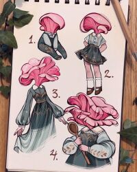  1girl age_progression baby child dress feefal full_body highres mushroom mushroom_girl object_head old old_woman original overalls personification procreate_(medium) shirt simple_background sitting skirt standing toddler 