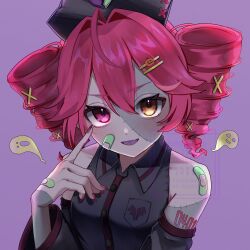  1girl ahoge bandaid bandaid_on_arm bandaid_on_face bandaid_on_hand bandaid_on_neck bandaid_on_shoulder bare_shoulders black_hat black_shirt black_sleeves blush brown_eyes collared_shirt commentary detached_sleeves double-parted_bangs drill_hair fang fangs fingernails ghost h_raj_(pixiv_93311327) hair_between_eyes hair_intakes hair_ornament hairclip hat heterochromia highres kasane_teto long_fingernails looking_at_viewer medium_hair nail_polish number_tattoo nurse_cap open_mouth patchwork_skin purple_background red_eyes red_hair red_nails shirt shoulder_tattoo simple_background skin_fang sleeveless sleeveless_shirt smile solo stitched_arm stitched_face stitches tattoo twin_drills upper_body utau watermark x_hair_ornament yellow_eyes zombie 